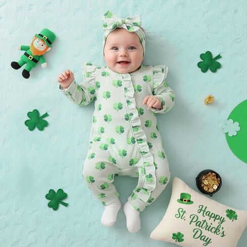Lamuusaa Newborn Baby Girl St Patricks Day Outfit Ruffle Four Leaf Clover Romper Waffle Zipper Jumpsuit Headband in Saudi Arabia