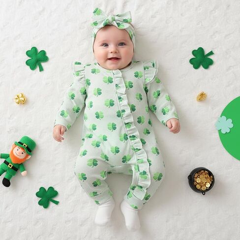 Lamuusaa Newborn Baby Girl St Patricks Day Outfit Ruffle Four Leaf Clover Romper Waffle Zipper Jumpsuit Headband in Saudi Arabia