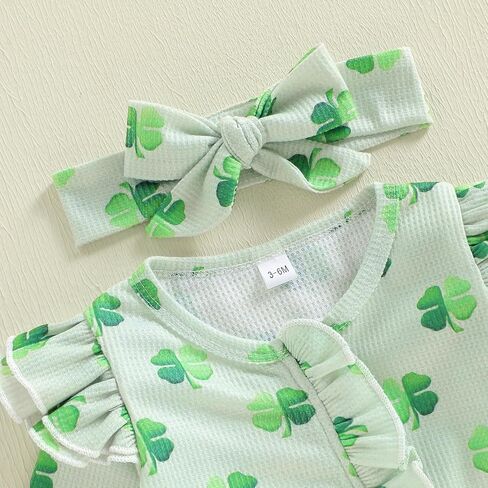 Lamuusaa Newborn Baby Girl St Patricks Day Outfit Ruffle Four Leaf Clover Romper Waffle Zipper Jumpsuit Headband in Saudi Arabia