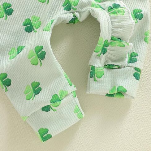 Lamuusaa Newborn Baby Girl St Patricks Day Outfit Ruffle Four Leaf Clover Romper Waffle Zipper Jumpsuit Headband in Saudi Arabia
