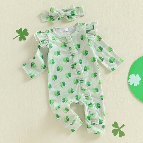 Lamuusaa Newborn Baby Girl St Patricks Day Outfit Ruffle Four Leaf Clover Romper Waffle Zipper Jumpsuit Headband in Saudi Arabia