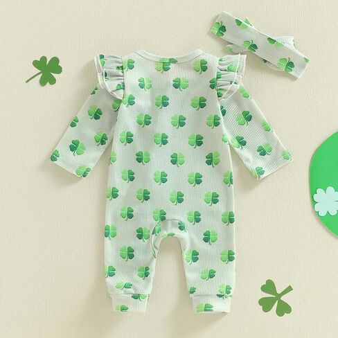 Lamuusaa Newborn Baby Girl St Patricks Day Outfit Ruffle Four Leaf Clover Romper Waffle Zipper Jumpsuit Headband in Saudi Arabia