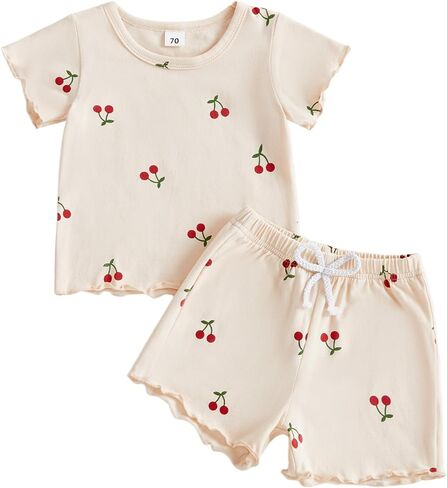 Toddler Baby Girl Summer Clothes Ribbed Knit Cotton Ruffle Short Sleeve T-shirt Tops + Shorts Playwear Outfits in Saudi Arabia