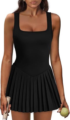 فستان رياضي للنساء، شورت مدمج، فستان تنس نسائي برقبة على شكل حرف U، مطوي مع جيوب، ملابس جولف بدون أكمام in Kuwait