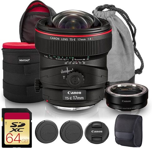 مجموعة عدسات Canon TS-E مقاس 17 مم f/4L قابلة للإمالة | برايم عريض للغاية مع التحكم في منظور الإمالة والتحول، وتصميم التركيز اليدوي | رائعة لصور الهندسة المعمارية والمناظر الطبيعية (3553B002) + بطاقة سعة 64 جيجابايت + المزيد in Kuwait