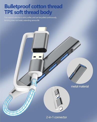 منفذ USB A Hub USB C محول Macbook Laptop Splitter Thunderbolt (4in1) سلك لوحة المفاتيح OTG Plug لأجهزة Ipad Pro Mini Air Expander Mouse، محرك كابل بيانات سريع متوافق مع Samsung Extender Dongle in Kuwait