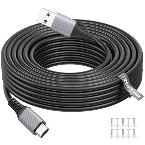 كابل طاقة ASKUBSKU بطول 20 قدم/6 متر USB إلى USB C لكاميرا CCTV، كابل تمديد طاقة من النوع C بحد أقصى 27 وات لكاميرا Xiaomi Mi Security، سلك داخلي خارجي مع 10 مسامير كابل، أبيض in Kuwait