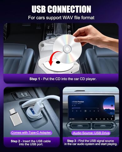 مشغل أقراص مضغوطة لمنفذ USB للسيارة ومنفذ AUX، ومشغل أقراص مضغوطة خارجي للسيارة مع محول USB-C، وكابل تمديد، للسيارات التي لا تحتوي على مشغل أقراص مضغوطة، يعمل عموديًا وأفقيًا لستيريو السيارة in Saudi Arabia