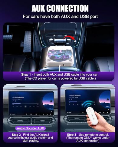 مشغل أقراص مضغوطة لمنفذ USB للسيارة ومنفذ AUX، ومشغل أقراص مضغوطة خارجي للسيارة مع محول USB-C، وكابل تمديد، للسيارات التي لا تحتوي على مشغل أقراص مضغوطة، يعمل عموديًا وأفقيًا لستيريو السيارة in Saudi Arabia