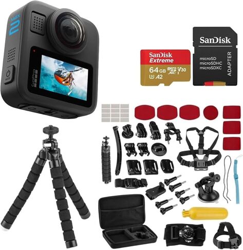 GoPro MAX2 - Waterproof 360 + Traditional Action Camera with Touch Screen, Spherical 8K Video, 29MP 360 Photos, Replaceable Lenses, HyperSmooth Stabilization, with 47 Piece Accessory Kit + 64GB in Saudi Arabia
