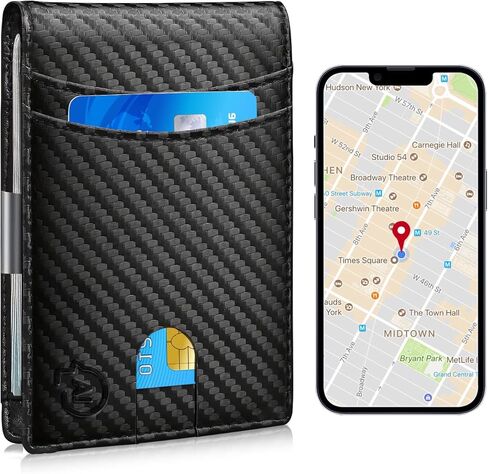 Mens Wallet with Tracker, Rechargeable Wallet Finder, Works with Apple Find My or Bseek, Thin Design, Smart Item Locator (iOS or Android(Carbon Black & Black, Android) in Saudi Arabia