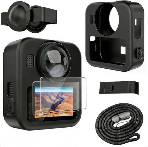 حافظة سيليكون لهاتف GoPro MAX 2، غطاء سيليكون مع واقيات شاشة مضادة للخدش (قطعتين)، باب البطارية وحزام الحبل - جلد مقاوم للصدمات غير قابل للانزلاق لملحقات كاميرا GoPro MAX 2 in Kuwait
