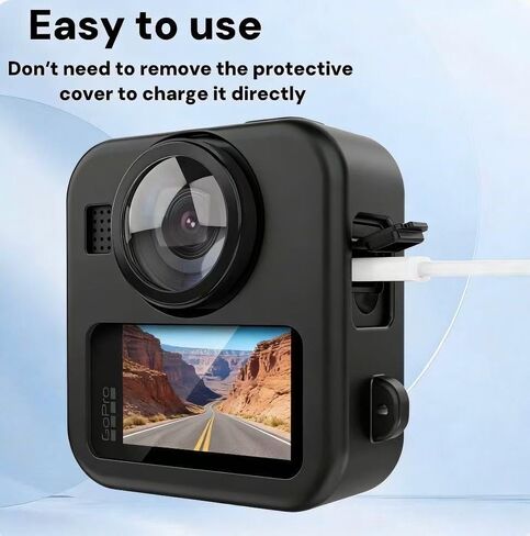 حافظة سيليكون لهاتف GoPro MAX 2، غطاء سيليكون مع واقيات شاشة مضادة للخدش (قطعتين)، باب البطارية وحزام الحبل - جلد مقاوم للصدمات غير قابل للانزلاق لملحقات كاميرا GoPro MAX 2 in Kuwait