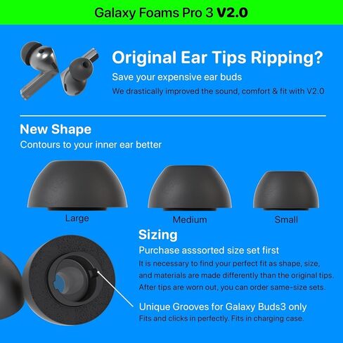 أطراف أذن بديلة لسماعات Galaxy Foams Pro 3 V2 من إسفنج الذاكرة Galaxy Buds لـ Galaxy Buds3 Pro & Buds Pro 3 - راحة أكثر وأقوى وملاءمة أفضل وعزل للضوضاء مع استبدال مدى الحياة (3 أزواج - S/M/L) in Kuwait