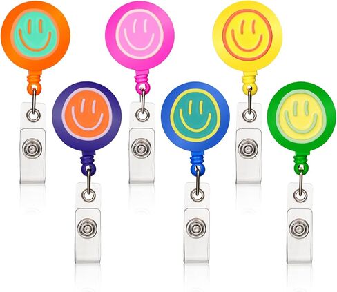 6Pcs Colorful Neon Happy Faces Badge Reel, Cute Work Badge Holder with Retractable Clip, Nurse Accessories Name Tag ID Clip Holder for Office School Hospital Teacher in Kuwait