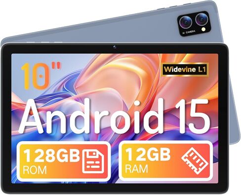 تابلت، أندرويد 15 تابلت 10 بوصة مع ذاكرة وصول عشوائي 12 جيجابايت + تخزين 128 جيجابايت + بطاقة TF سعة 2 تيرابايت، ثماني النواة، 1280*800 HD كمبيوتر لوحي بشاشة لمس، عمر بطارية طويل الأمد 8-10 ساعات، واي فاي وBT 5.0، رمادي أزرق in Kuwait