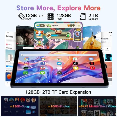 تابلت، أندرويد 15 تابلت 10 بوصة مع ذاكرة وصول عشوائي 12 جيجابايت + تخزين 128 جيجابايت + بطاقة TF سعة 2 تيرابايت، ثماني النواة، 1280*800 HD كمبيوتر لوحي بشاشة لمس، عمر بطارية طويل الأمد 8-10 ساعات، واي فاي وBT 5.0، رمادي أزرق in Kuwait