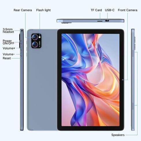 تابلت، أندرويد 15 تابلت 10 بوصة مع ذاكرة وصول عشوائي 12 جيجابايت + تخزين 128 جيجابايت + بطاقة TF سعة 2 تيرابايت، ثماني النواة، 1280*800 HD كمبيوتر لوحي بشاشة لمس، عمر بطارية طويل الأمد 8-10 ساعات، واي فاي وBT 5.0، رمادي أزرق in Kuwait