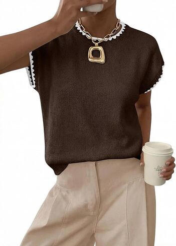Acelitt Women's Sweater Vest Crew Neck Cap Short Sleeve Casual Loose Fit Knit Pullover Tops Oversized Sleeveless Tank Top in Saudi Arabia