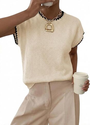 Acelitt Women's Sweater Vest Crew Neck Cap Short Sleeve Casual Loose Fit Knit Pullover Tops Oversized Sleeveless Tank Top in Saudi Arabia