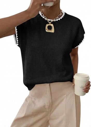 Acelitt Women's Sweater Vest Crew Neck Cap Short Sleeve Casual Loose Fit Knit Pullover Tops Oversized Sleeveless Tank Top in Saudi Arabia