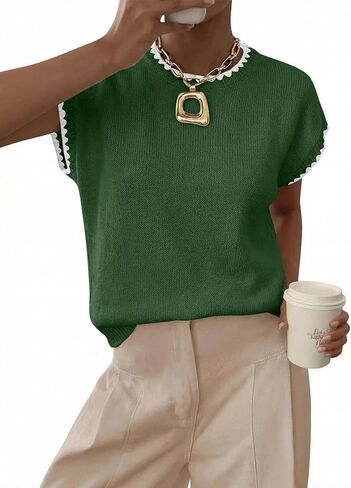 Acelitt Women's Sweater Vest Crew Neck Cap Short Sleeve Casual Loose Fit Knit Pullover Tops Oversized Sleeveless Tank Top in Saudi Arabia