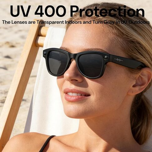 Smart Bluetooth Glasses with Camera, 800W HD Camera Glasses for Video and Audio Recording, Photography, Sunglasses with UV Protection, AI Real-time Translation, Music & Call, Unisex in Saudi Arabia