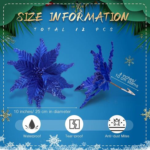 Yuxung 12 Pcs Christmas Glitter Fabric Poinsettia 10 Inch Artificial Xmas Flower with Clips Large Head Christmas Tree Ornaments Faux Xmas Flower with Stems for Wedding Party(Red) in Saudi Arabia
