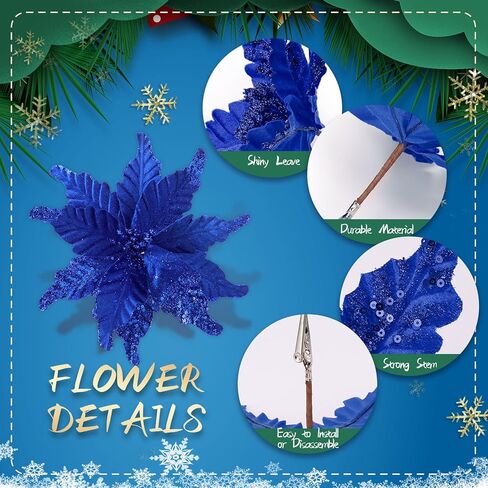 Yuxung 12 Pcs Christmas Glitter Fabric Poinsettia 10 Inch Artificial Xmas Flower with Clips Large Head Christmas Tree Ornaments Faux Xmas Flower with Stems for Wedding Party(Red) in Saudi Arabia