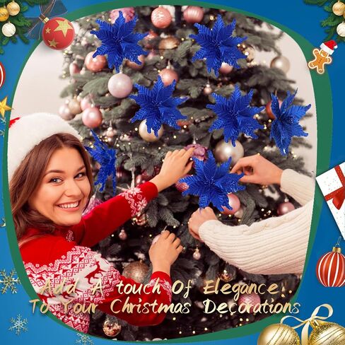 Yuxung 12 Pcs Christmas Glitter Fabric Poinsettia 10 Inch Artificial Xmas Flower with Clips Large Head Christmas Tree Ornaments Faux Xmas Flower with Stems for Wedding Party(Red) in Saudi Arabia