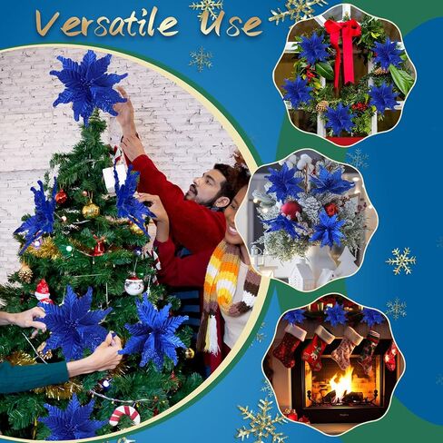 Yuxung 12 Pcs Christmas Glitter Fabric Poinsettia 10 Inch Artificial Xmas Flower with Clips Large Head Christmas Tree Ornaments Faux Xmas Flower with Stems for Wedding Party(Red) in Saudi Arabia