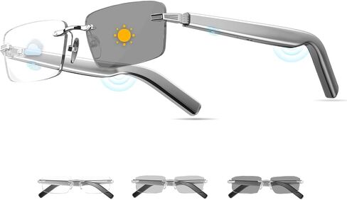 نظارات ذكية، نظارات بلوتوث فوتوكروميك بدون إطار مع مكبر صوت وميكروفون صوت عالي الدقة مفتوح الأذن - حماية من الأشعة فوق البنفسجية 400، التحكم الصوتي والمكالمات بدون استخدام اليدين، نظارات شمسية آمنة للجنسين للموسيقى/القيادة in Kuwait