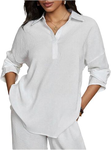 SHENHE Women's Oversized Button Down Boyfriend Shirt Long Sleeve Casual Tunic Top Blouse in Saudi Arabia