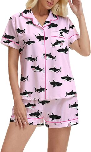PUNINGXS بيجامة نسائية كاجوال مع قميص مطبوع بأكمام قصيرة وأزرار سفلية وشورت Pjs Loungewear Set in Saudi Arabia