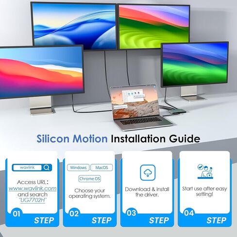 محطة إرساء 4 شاشات، محول WAVLINK رباعي الشاشات لأنظمة macOS M1/M2/M3/M4، مدخل PD بقدرة 140 وات، 4 HDMI، مخرج 4K رباعي، مشغل SMI ومضيف USB3.2 Gen 2 مطلوب in Saudi Arabia