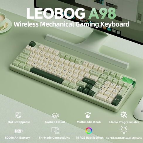 LEOBOG A98 Wireless Mechanical Keyboard and Mouse Combo, RGB Backlit Rechargeable 8000mAh Battery, Creamy Keyboard with Number Pad+ 2400DPI Mice, Programmable Keyboard Mouse with Software for PC Gamer in Kuwait