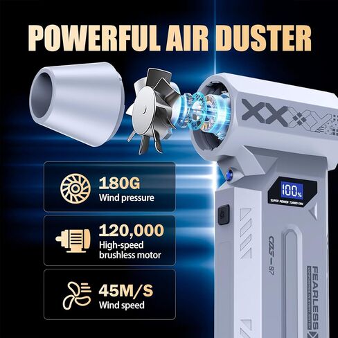 منفضة هواء قابلة لإعادة الشحن، منفضة هواء مضغوطة 120000 دورة في الدقيقة مع إضاءة LED، منفاخ صغير لاسلكي 4 تروس قابل للتعديل، منفضة هواء كهربائية 180 جيجا ضغط الرياح للوحة المفاتيح والكمبيوتر الشخصي للسيارة في الهواء الطلق in Kuwait