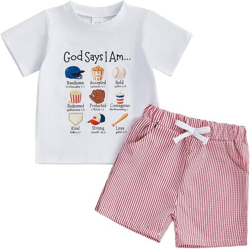 Fernvia Toddler Baby Boy Summer Clothes Baseball Tops Plaid Shorts Outfits | 12-18 Months,18-24 Months,2T 3T 4T 5T,Short Sleeve Crew Neck T-shirt ,Elastic Pants,Cotton Blend in Saudi Arabia