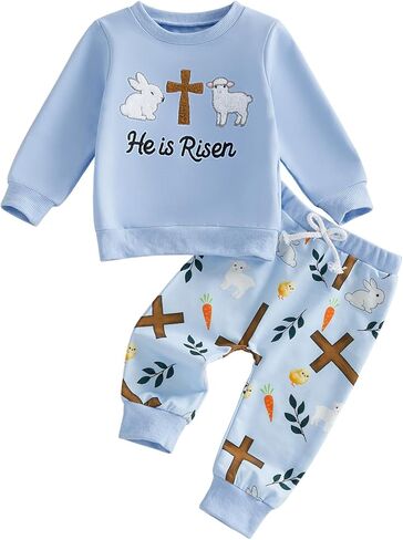 Muasaaluxi Toddler Baby Boy Easter Outfit Long Sleeve He Is Risen Crewneck Sweatshirt Bunny Cross Jogger Pants Spring Outfit in Saudi Arabia