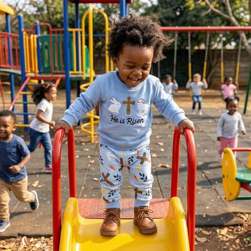 Muasaaluxi Toddler Baby Boy Easter Outfit Long Sleeve He Is Risen Crewneck Sweatshirt Bunny Cross Jogger Pants Spring Outfit in Saudi Arabia