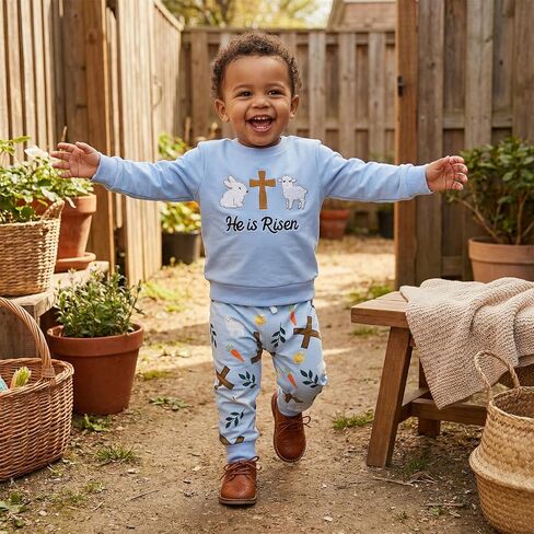 Muasaaluxi Toddler Baby Boy Easter Outfit Long Sleeve He Is Risen Crewneck Sweatshirt Bunny Cross Jogger Pants Spring Outfit in Saudi Arabia