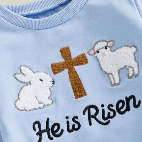 Muasaaluxi Toddler Baby Boy Easter Outfit Long Sleeve He Is Risen Crewneck Sweatshirt Bunny Cross Jogger Pants Spring Outfit in Saudi Arabia