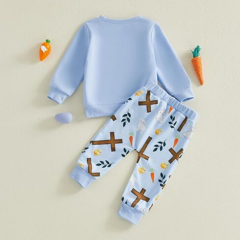 Muasaaluxi Toddler Baby Boy Easter Outfit Long Sleeve He Is Risen Crewneck Sweatshirt Bunny Cross Jogger Pants Spring Outfit in Saudi Arabia