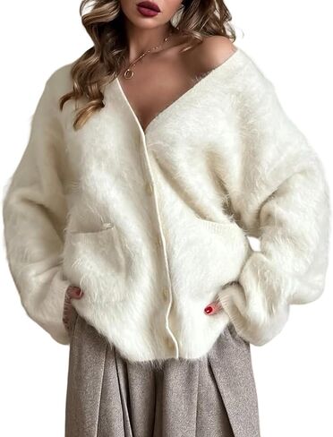 Women's Chunky Fuzzy Cardigan V Neck Slouchy Mohair Sweaters Long Sleeve Button Down Knit Furry Sweater Coat in Saudi Arabia