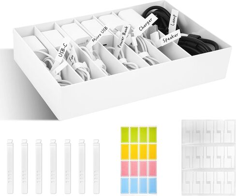 Cable Organizer Box with Wire Ties and Labels, Charger Cable Cord Storage Organizer with Adjustable Compartments, Desk Accessories Storage for Home, Office, Stackable（2Pcs） in Saudi Arabia