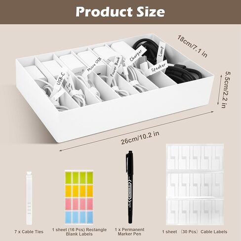 Cable Organizer Box with Wire Ties and Labels, Charger Cable Cord Storage Organizer with Adjustable Compartments, Desk Accessories Storage for Home, Office, Stackable（2Pcs） in Saudi Arabia
