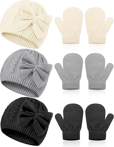 3 Set Kids Baby Toddler Winter Hats and Mittens Set Classic Warm Knitted Beanie Gloves Bow for Boys and Girls 0-6Y in Saudi Arabia