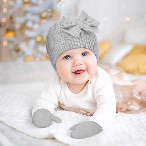 3 Set Kids Baby Toddler Winter Hats and Mittens Set Classic Warm Knitted Beanie Gloves Bow for Boys and Girls 0-6Y in Saudi Arabia