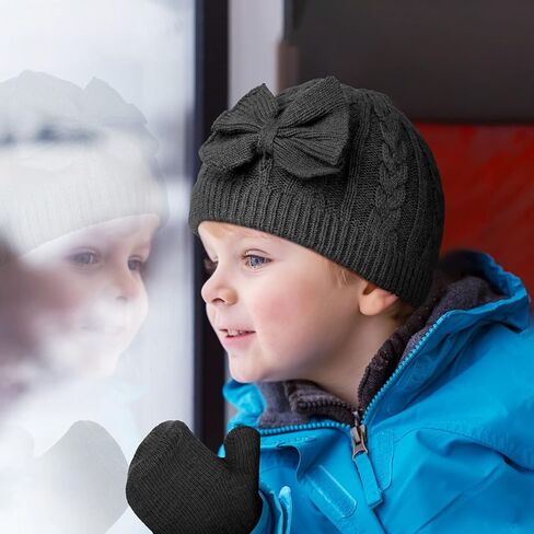 3 Set Kids Baby Toddler Winter Hats and Mittens Set Classic Warm Knitted Beanie Gloves Bow for Boys and Girls 0-6Y in Saudi Arabia