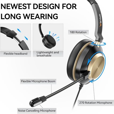 Wantek USB Headset with Microphone, Type-c/USB/3.5mm Jack 3-in-1 PC Headset, Wired & Noise Cancelling Headphone with Volume Control for Call Centers, Skype, Zoom, Home Office, 0nline Courses in Saudi Arabia